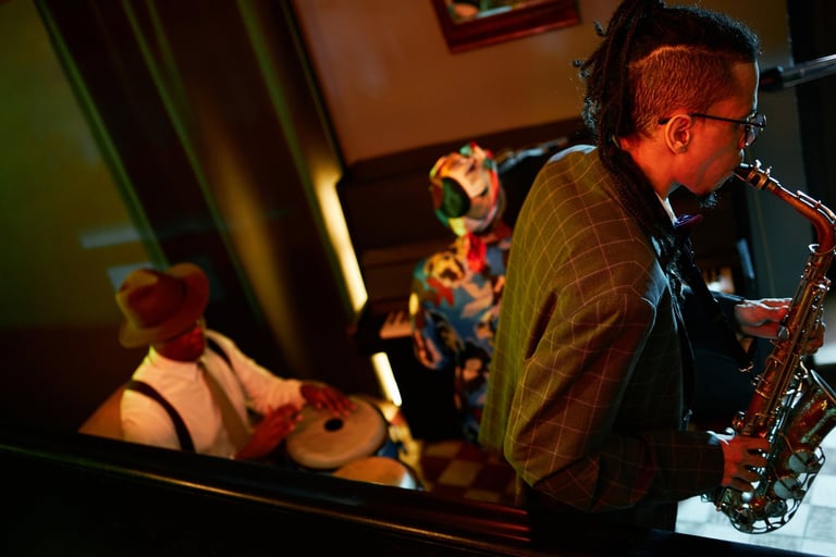 Jazz saxophonist performing in intimate lounge setting