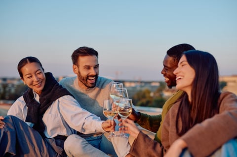 Friends clinking wine glasses at elegant gathering