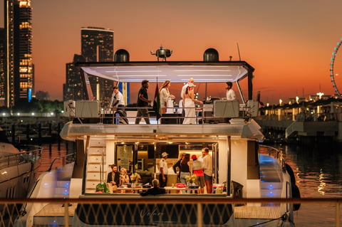 Luxury yacht evening with waterfront views