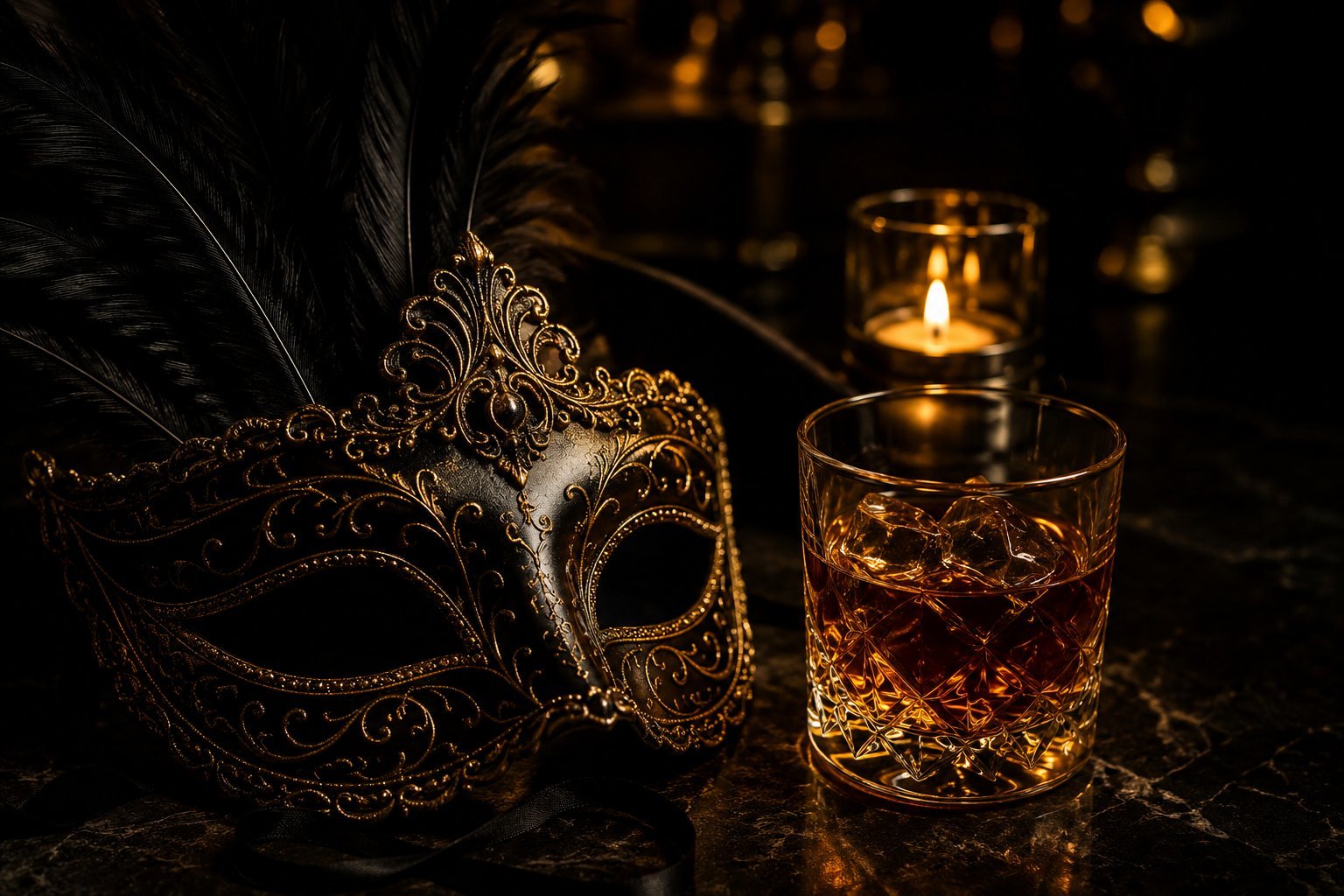 Ornate gold Venetian mask with feathers beside a glass of amber-colored drink and candles on a dark background