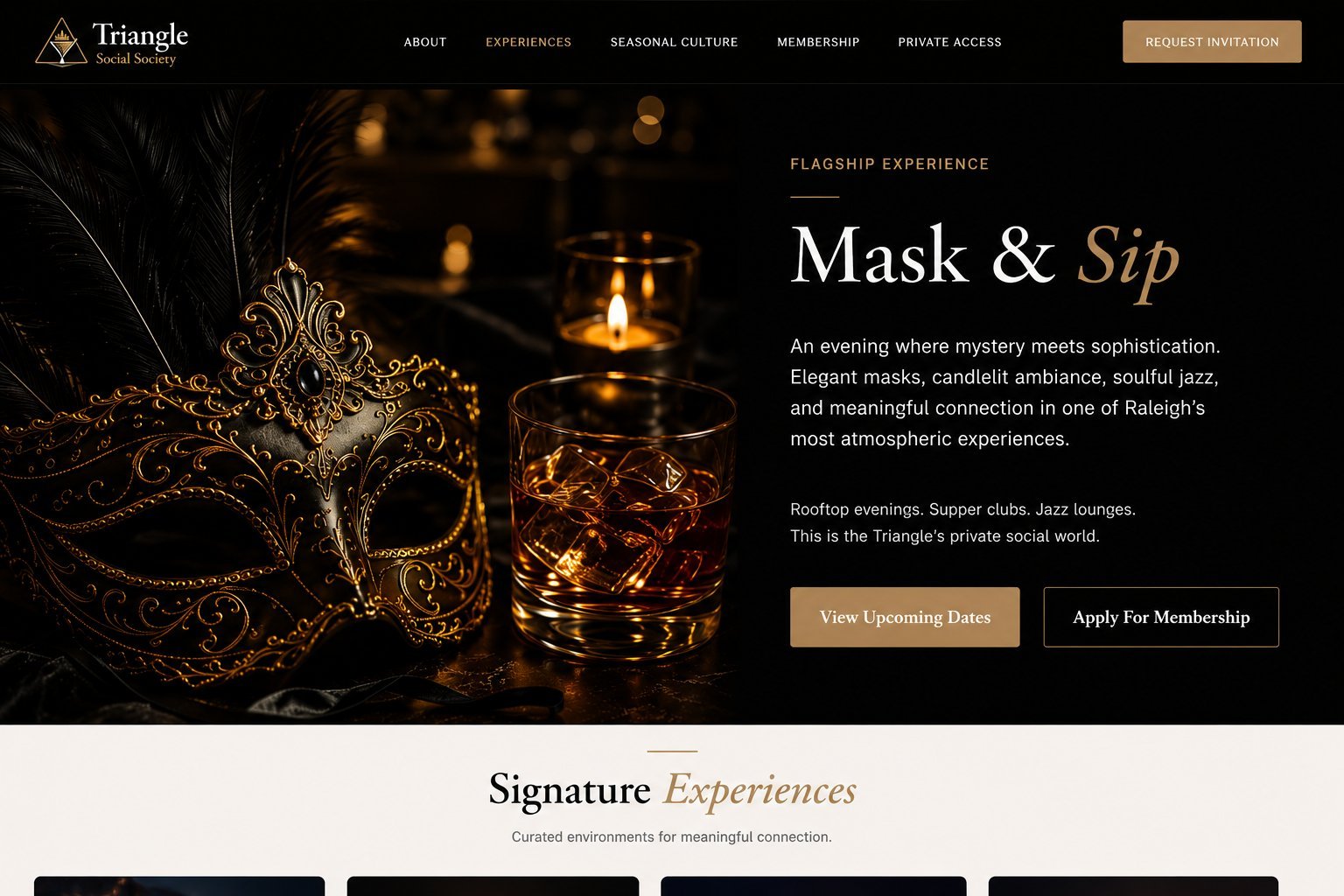 Ornate golden masquerade mask next to glasses with amber liquid and candles on dark background